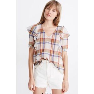 Madewell V-neck Textured Plaid‎ Shoulder-Ruffle Top Size L